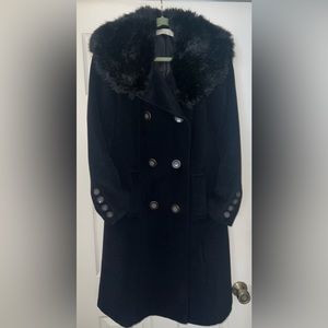 New Perry Ellis Long Wool Coat With Faux Fur Collar